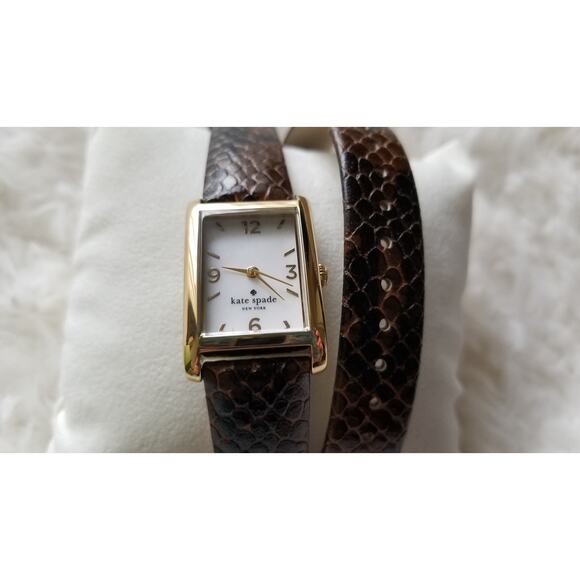 Kate Spade Women brown Leather double Wrap Band Watch gold dial rectangle NEW - Picture 3 of 12